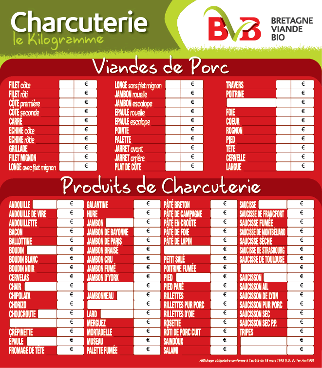 les panneaux de prix pour la charcuterie